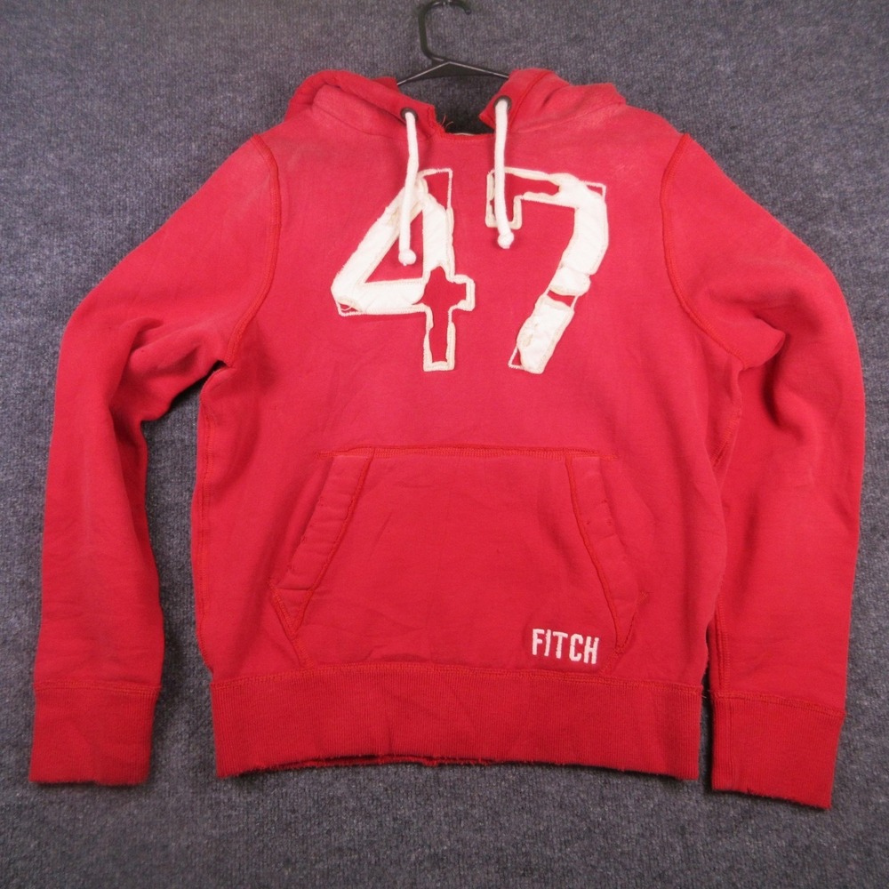 Y2K Abercrombie & Fitch Hoodie Mens Medium Red 47 Fitch Fleece Kangaroo Pocket